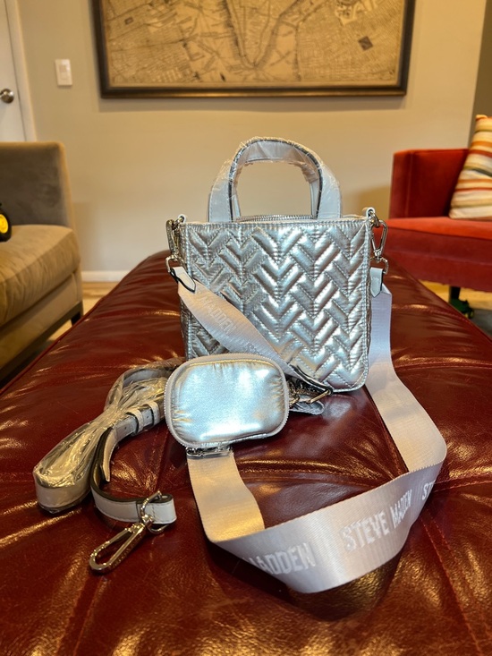 Steve Madden Handbags - Steve Madden Metallic Silver Quilted Mini Tote with Logo Strap